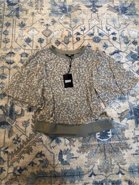DKNY Olive-Tone Animal Print Short Sleeve Blouse